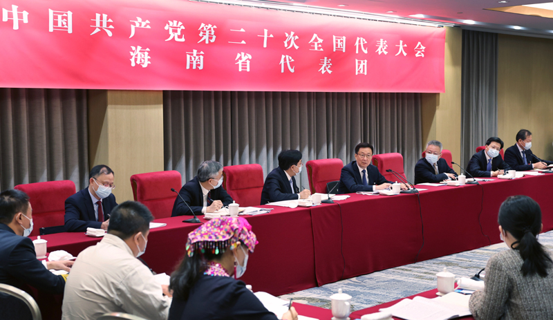 Han Zheng joins a group discussion with delegates from south China's Hainan Province in Beijing, China, October 17, 2022. /Xinhua