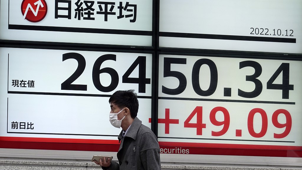 A man walks past in front of an electric monitor displaying the Japanese Nikkei Stock Average in Tokyo, Japan, October 12, 2022. /CFP