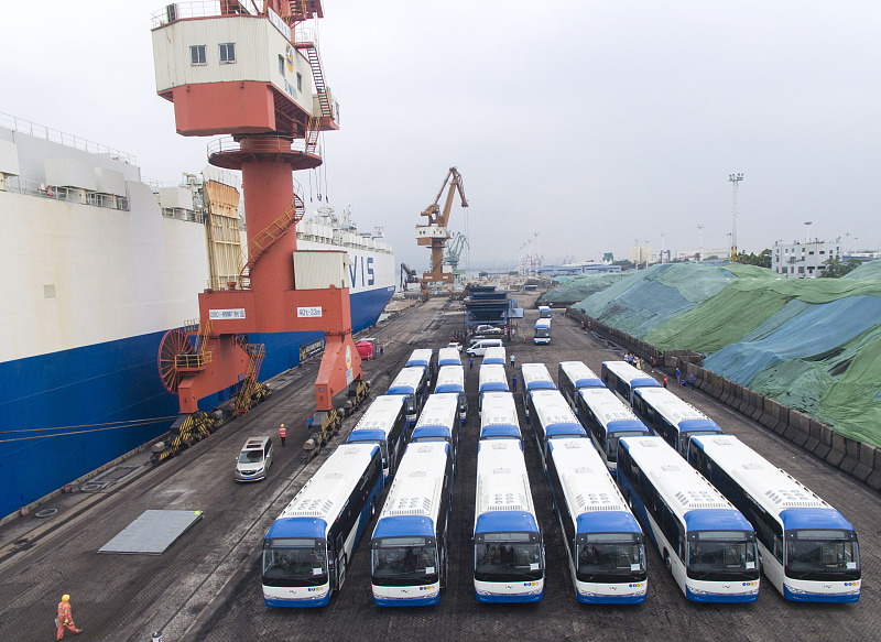 Buses set sail from China's Xiamen port to Cyprus, May 27, 2020. /CFP 