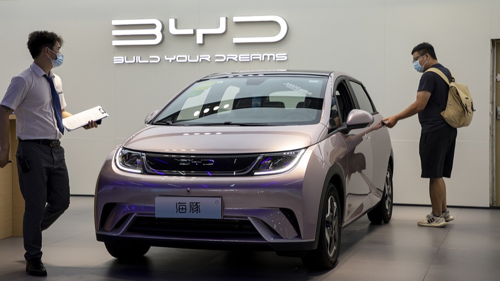 A BYD new energy vehicle on display at a mall in Shanghai, China, August 3, 2022. /CFP