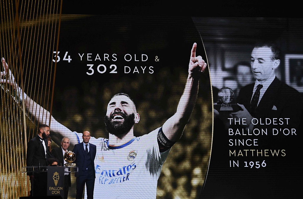 Karim Benzema becomes the oldest Ballon D'Or winner since Stanley Matthews won the first edition of the prize in 1956 in Paris, France, October 17, 2022. /CFP 