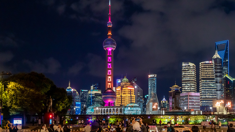 Landmarks on the Bund and Lujiazui are illuminated at night, Shanghai, China, October 11, 2022. /CFP