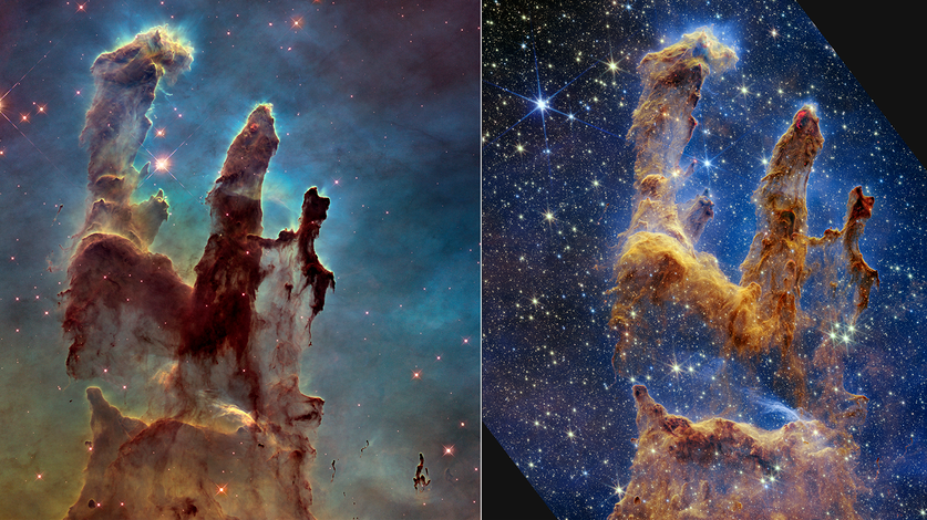 Comparación de fotos entre una imagen (L) de los Pilares de la Creación tomada por el Telescopio Espacial Hubble de la NASA en 2014 y una nueva vista del Telescopio Espacial James Webb de la NASA publicada en octubre.  /NASA