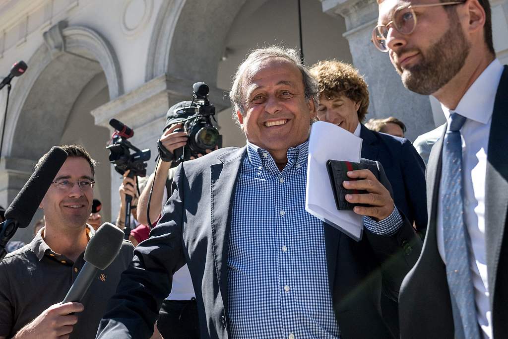Michel Platini (C) of France, former president of the Union of European Football Associations, leaves the court after his trial in Bellinzona, Switzerland, July 8, 2022. /CFP