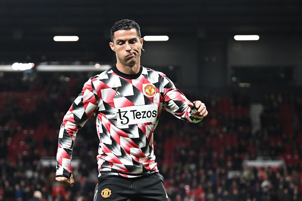 Manchester United striker Cristiano Ronaldo during the warm up prior to their Premier League clash with Tottenham Hotspur at Old Trafford in Manchester, England, October 19, 2022. /CFP