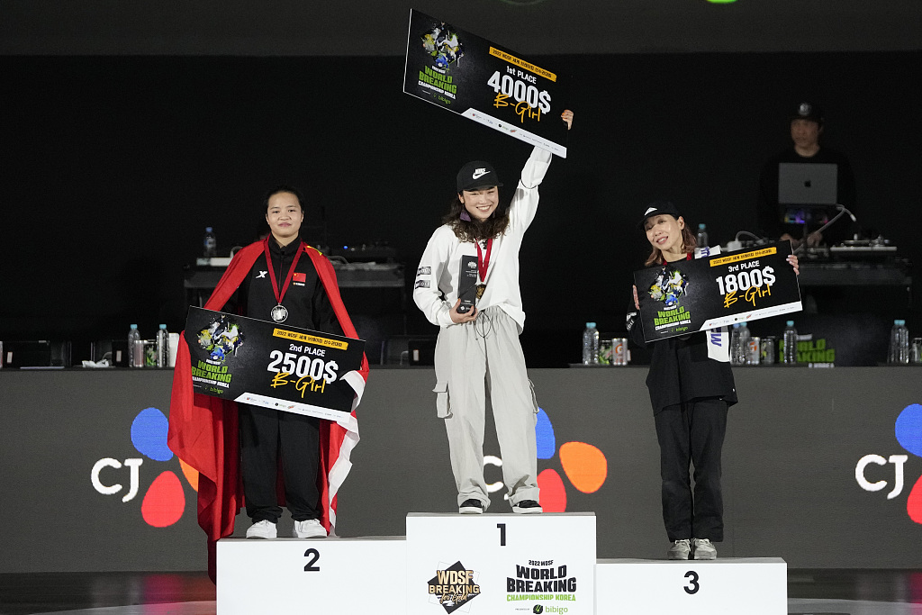 L-R: Liu Qingyi of China, Ami Yuasa of Japan and Ayumi Fukushima of Japan celebrate on the podium after their final of WDSF World Breaking Championship in Seoul, the Republic of Korea, October 22, 2022. /CFP