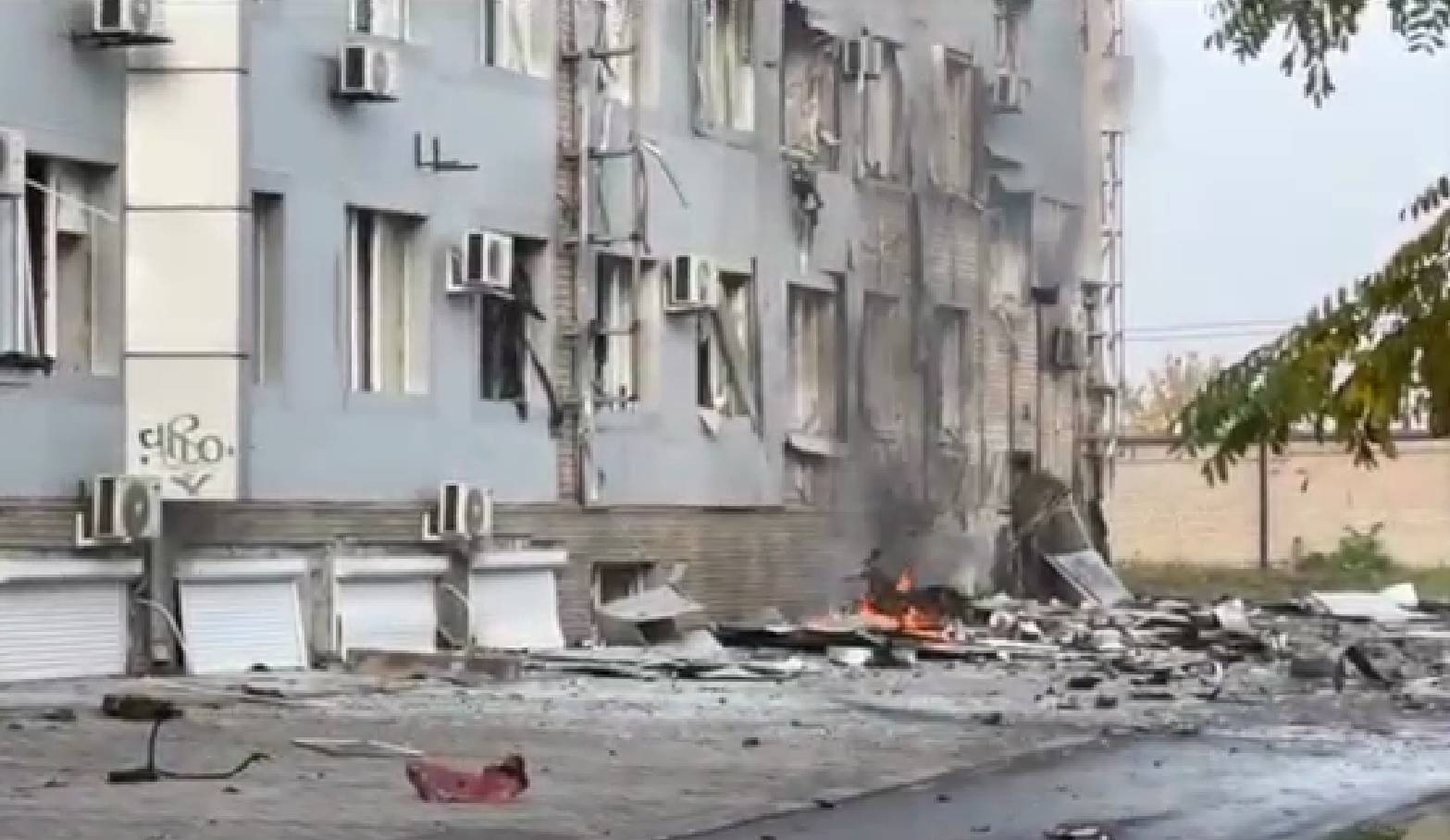 A frame from a video clip shows the explosion site near the office building of 