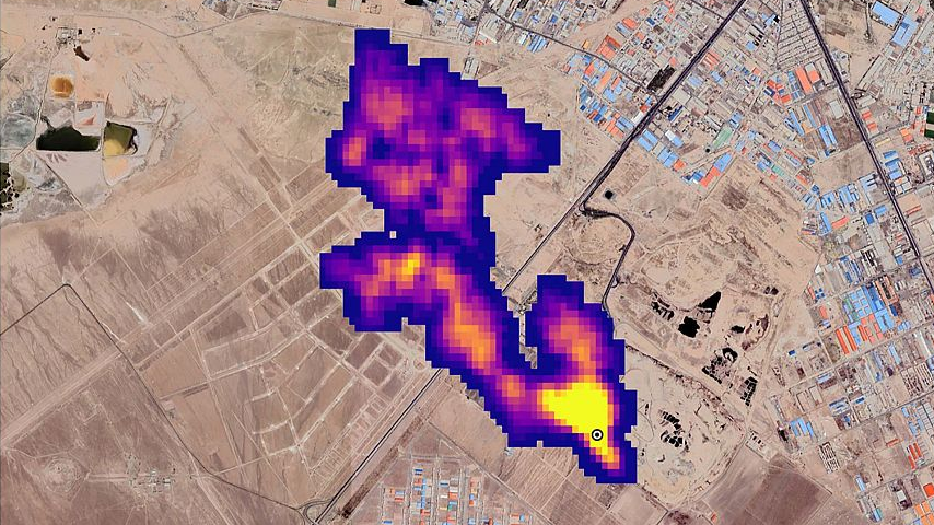Imaging of a methane plume at least 3 miles (4.8 km) long rising from a major landfill, where methane is a byproduct of decomposition, south of Tehran, Iran, captured by NASA's orbital imaging spectrometer, is overlaid on a satellite photo in this handout image released October 25, 2022. /NASA