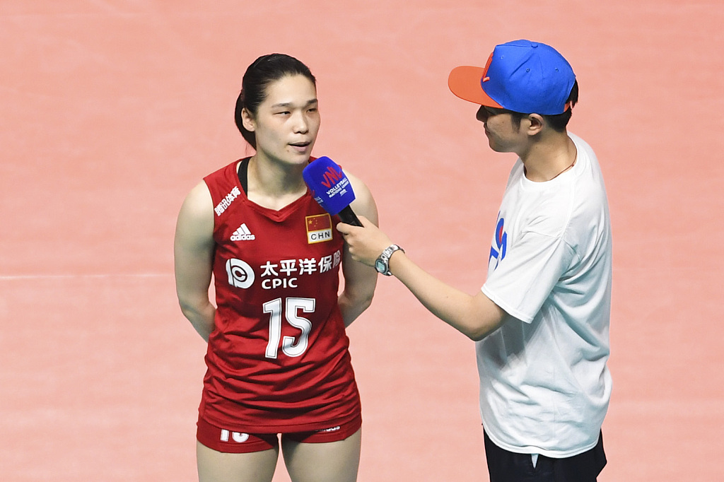 She speaks in an interview after the match between China and Italy during the Volleyball Women's Nations League Finals in Nanjing, China, July 5, 2019. /CFP 