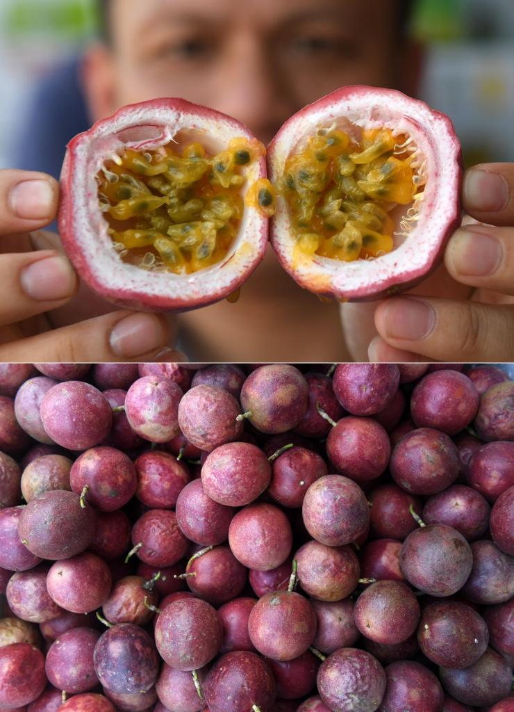 Combo photo of an exhibitor showing passion fruits during an agricultural product trade fair in Du'an Yao Autonomous County, south China's Guangxi Zhuang Autonomous Region, September 17, 2019. /Xinhua