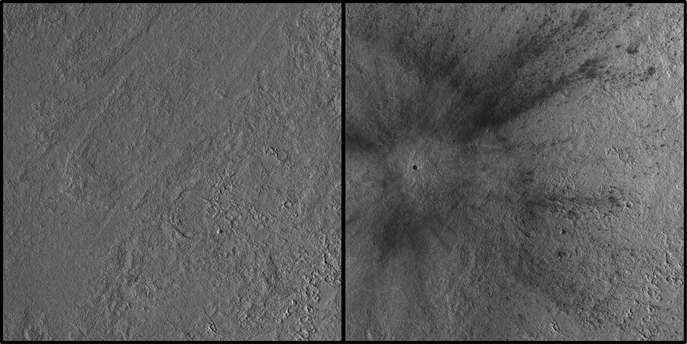 This combination of images shows the site on Mars before and after a meteoroid hit the surface of the planet. The impact occurred on Dec. 24, 2021, in a region of Mars called Amazonis Planitia. /NASA/JPL-Caltech/MSSS