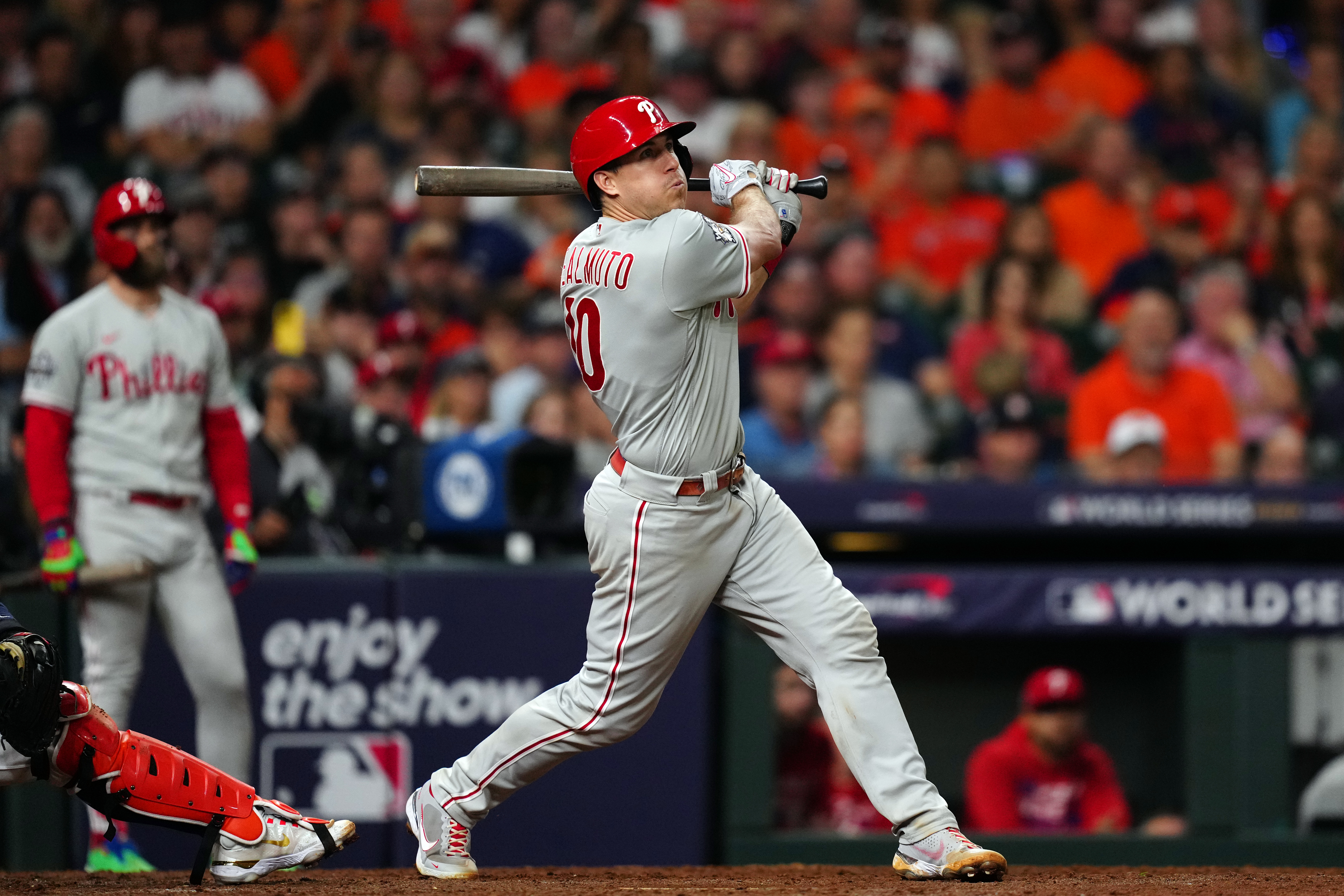 J.T. Realmuto of the Philadelphia Phillies hits a single home run during the 10th inning in Game 1 of the MLB World Series against the Houston Astros at Minute Maid Park in Houston, Texas, October 28, 2022. /CFP