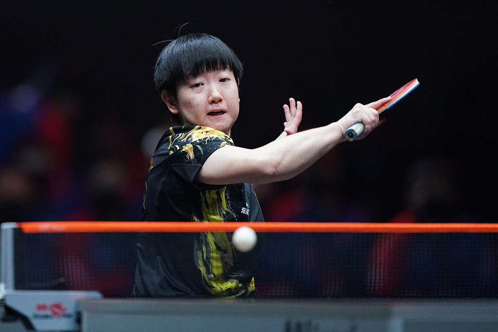 Sun Yingsha of China competes in the women's singles final match against her compatriot Chen Meng at the World Table Tennis (WTT) Cup Finals in Xinxiang, central China's Henan Province, October 30, 2022. /CFP