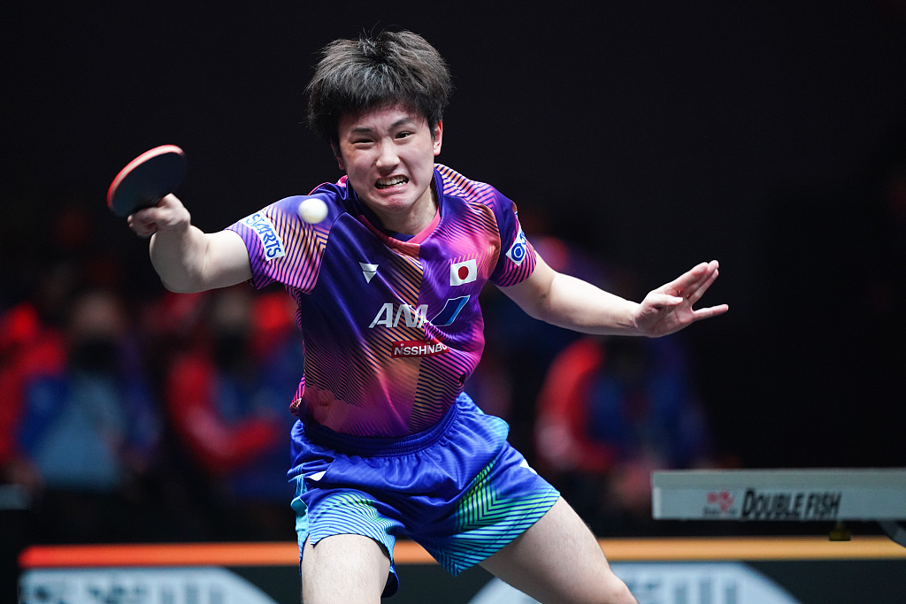 Tomokazu Harimoto of Japan competes in the men's singles final match against Wang Chuqin of China at the World Table Tennis (WTT) Cup Finals in Xinxiang, central China's Henan Province, October 30, 2022. /CFP