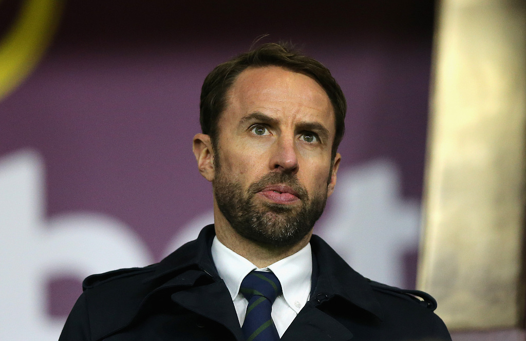 England manager Gareth Southgate watches from the stand during the Premier League clash between Manchester United and West Ham at Old Trafford in Manchester, England, October 30, 2022. /CFP