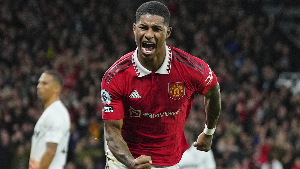 Manchester United's Marcus Rashford celebrates after scoring the winning during their clash with West Ham United at Old Trafford in Manchester, England, October 30, 2022. /CFP