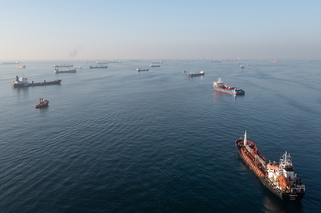 Ships, including those carrying grain from Ukraine and awaiting inspections, are seen anchored off the Istanbul coastline  in Istanbul, Türkiye, November 2, 2022. /CFP