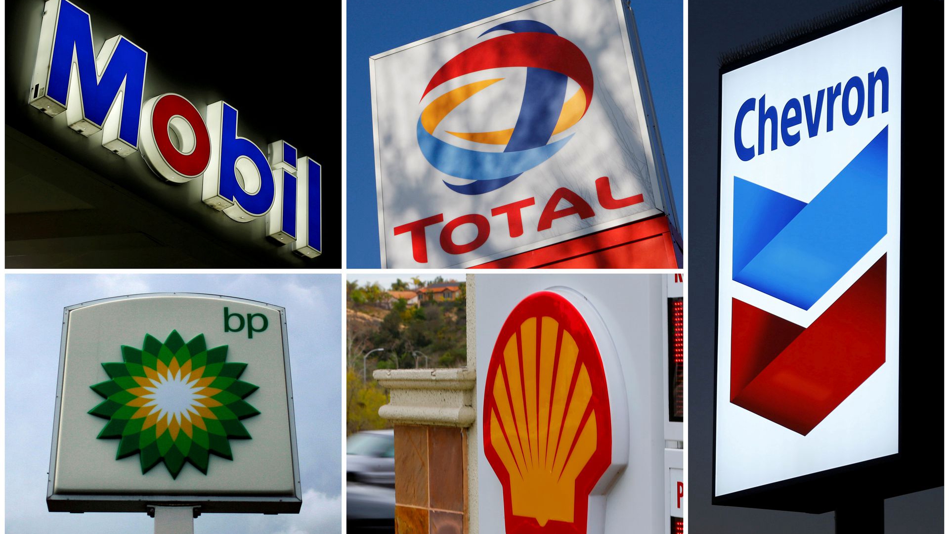 A combination of file photos shows the logos of five of the largest publicly traded oil companies: BP, Chevron, Exxon Mobil, Shell and TotalEnergies. /Reuters