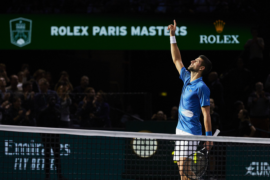 Novak Djokovic of Serbia celebrates his win over Lorenzo Musetti (not pictured) of Italy during the Paris Masters in Paris, France, November 4, 2022. /CFP