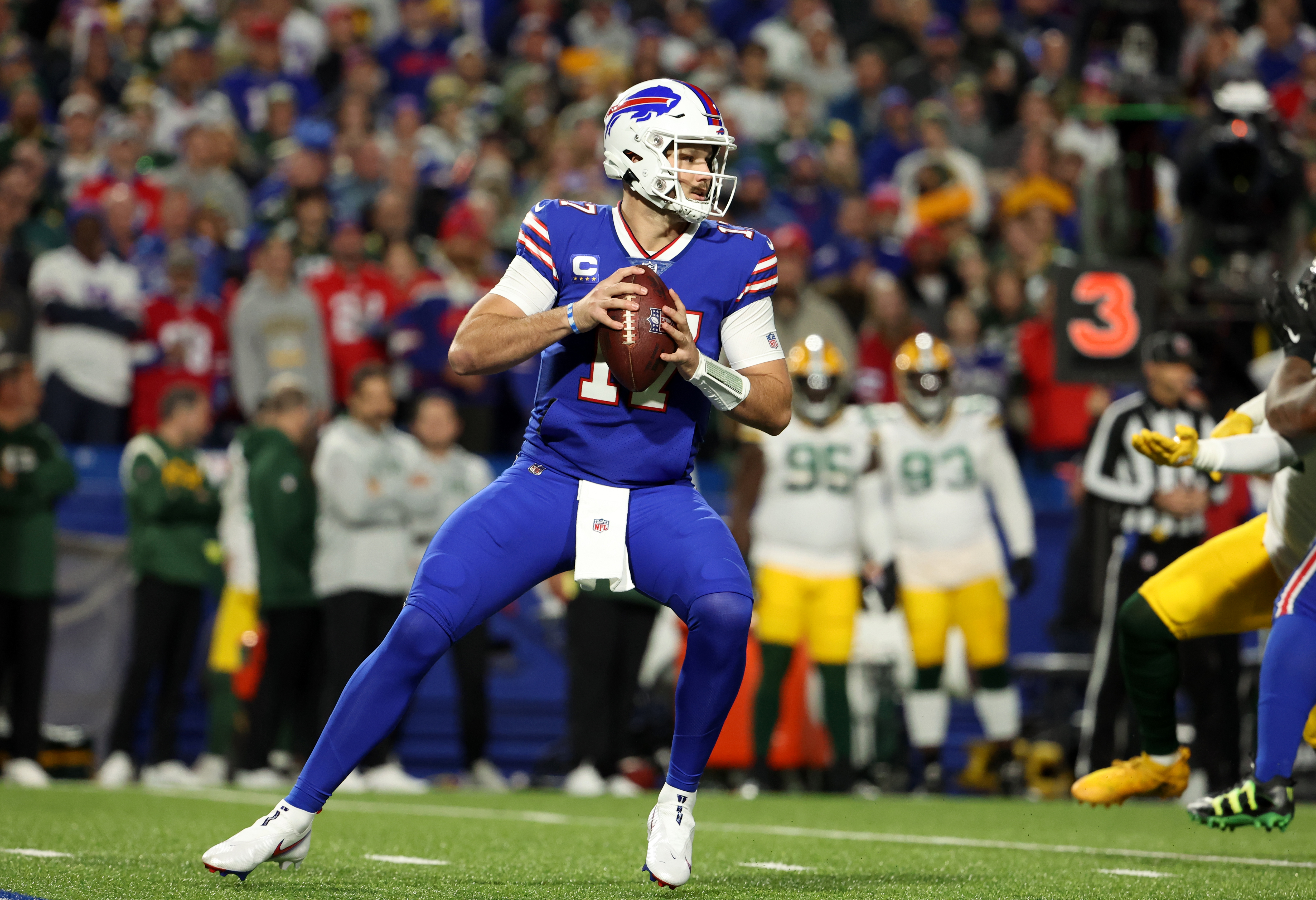 Quarterback Josh Allen of the Buffalo Bills drops back to throw a pass in the game against the Green Bay Packers at Highmark Stadium in Orchard Park, New York, October 30, 2022. /CFP