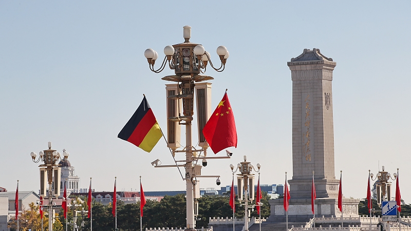 National flags of China and Germany are seen in Tian'anmen Square in Beijing, capital of China, November 4, 2022. /CFP