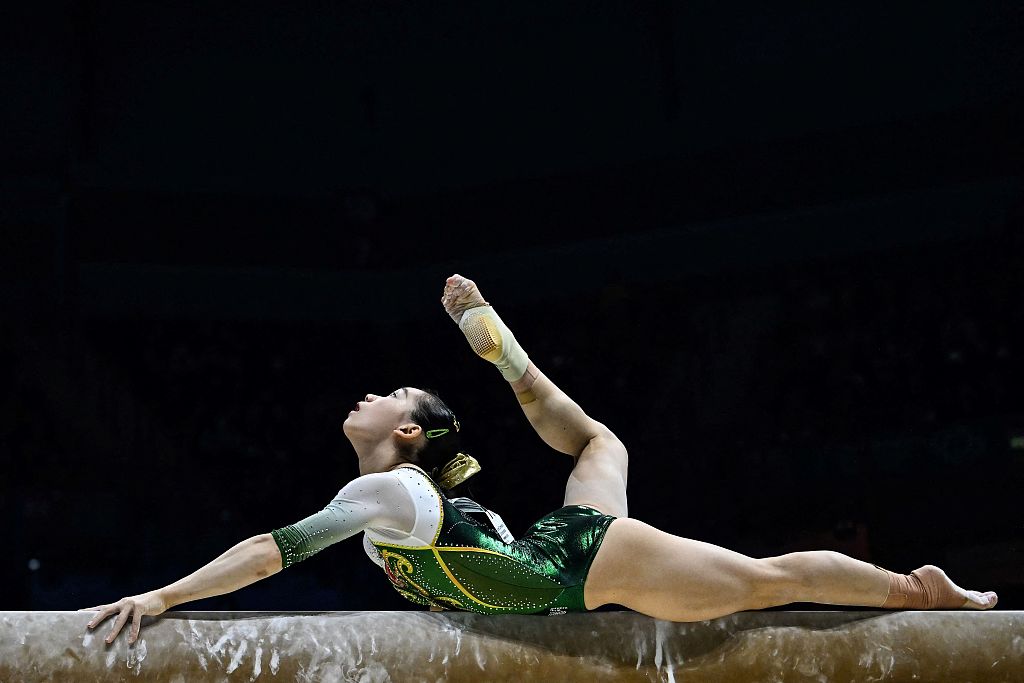 China's Ou Yushan competes during the women's balance beam final at the World Gymnastics Championships in Liverpool, England, November 6, 2022. /CFP