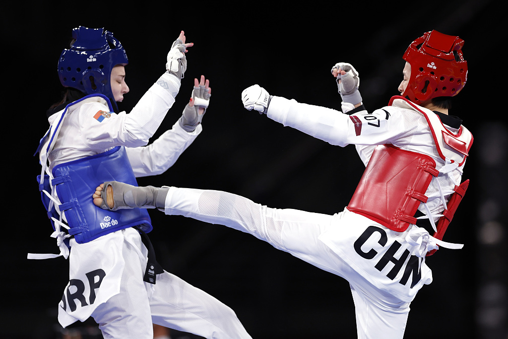 Wu jingyu of China competes in the taekwondo women's 49-kilogram event at the Tokyo Olympics in Tokyo, Japan, July 24, 2021. /CFP
