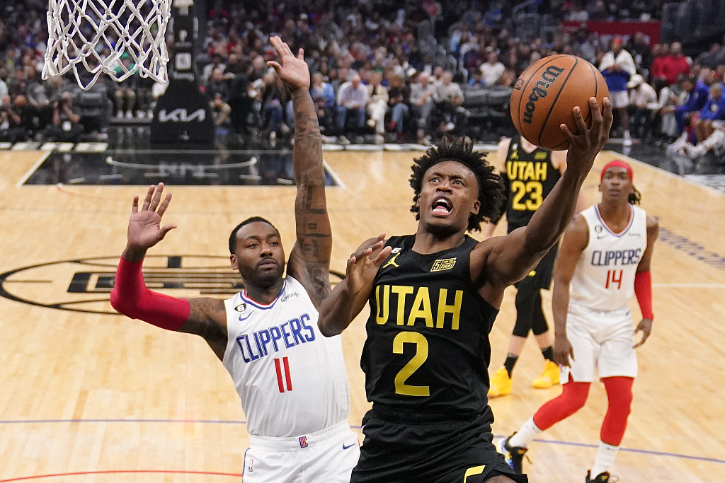 Collin Sexton (#2) of the Utah Jazz drives toward the rim in the game against the los Angeles Clippers at Crypto.com Arena in Los Angeles, California