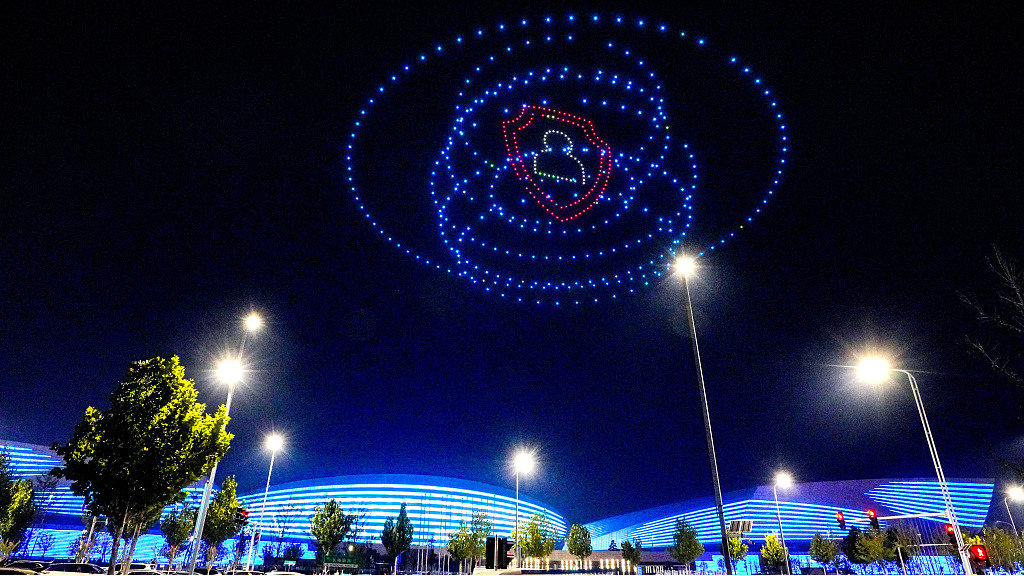 A drone light show is performed at Zhengzhou Olympic Sports Center during the 2022 National Cybersecurity Awareness Week, in Zhengzhou, central China's Henan Province, September 11, 2022. /CFP