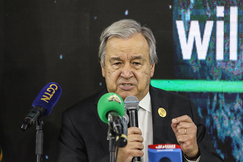 UN Secretary-General Antonio Guterres speaks to media at the 27th session of the Conference of the Parties (COP27) to the UN Framework Convention on Climate Change in Egypt, November 7, 2022. /CFP 