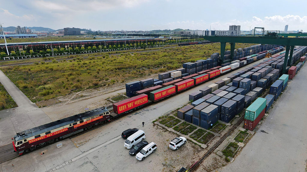 A freight train departs Jiangyin Port in China's Fuzhou City to Laotian capital Vientiane, August 31, 2022. /CFP
