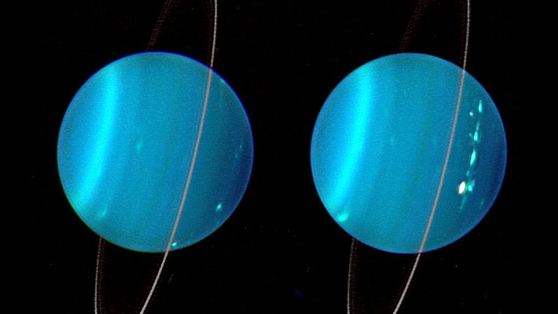 A composite image of Uranus and its auroras by Voyager 2 and two different observations made by Hubble, April 10, 2017. /CFP