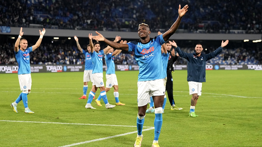 Napoli players react after their Serie A win over Empoli at Stadio Diego Armando Maradona in Naples, Italy, November 8, 2022. /CFP