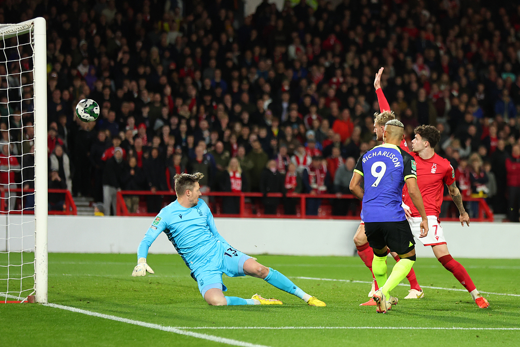Richarlison (#9) of Tottenham Hotspur scores a goal which is ruled offside during the League Cup match between Nottingham Forest and Tottenham Hotspur at City Ground in Nottingham, England, November 9, 2022. /CFP