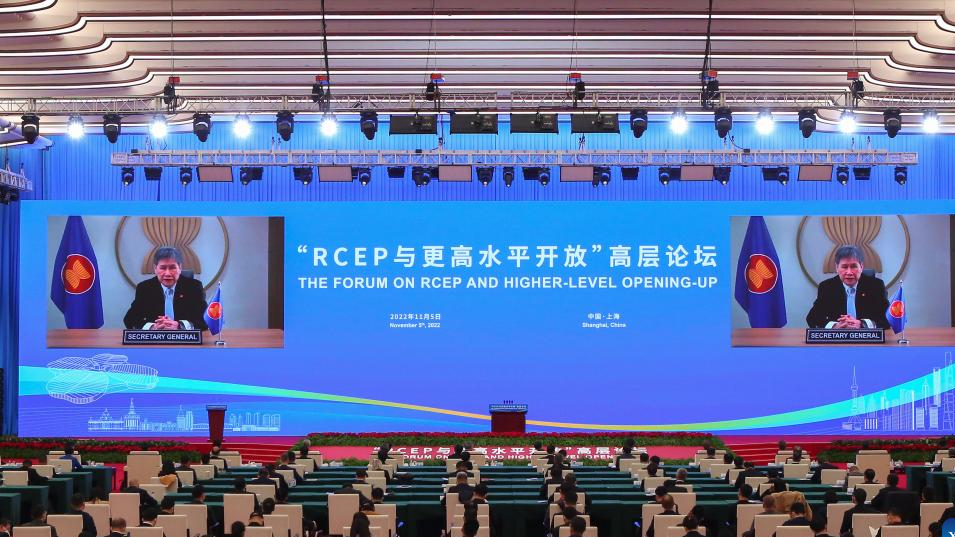 Lim Jock Hoi, ASEAN Secretary-General, speaks via video link at the Forum on the Regional Comprehensive Economic Partnership (RCEP) and Higher-level Opening-up held in Shanghai, China, November 5, 2022. /Xinhua