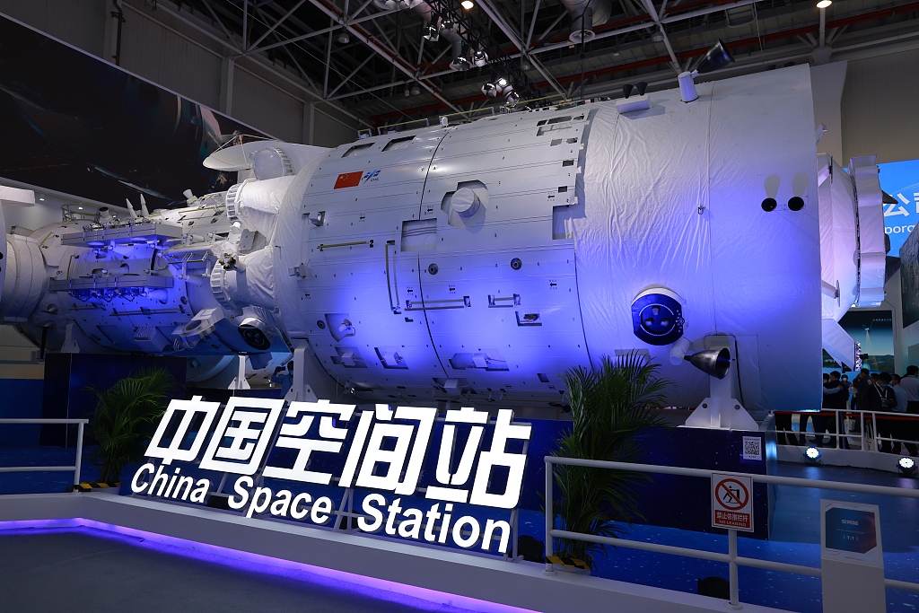 A life-size replica of the orbiting China Space Station is on display at the ongoing Airshow China 2022 in Zhuhai City of south China's Guangdong Province, November 10, 2022. /CFP