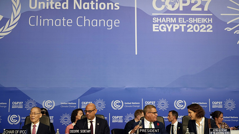 L-R: Leaders of the UN climate conference, Dr Hoesung Lee, chair of the IPCC, Simon Stiell, UN climate chief, and Alok Sharma, president of the COP26 climate summit, at the opening session at the COP27 UN Climate Summit, November 6, 2022. /CFP