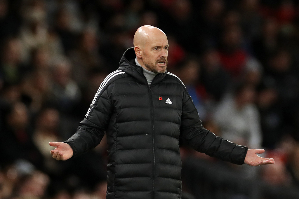 Erik ten Hag, manager of Manchester United, during the England Football League Cup game against Aston Villa at Old Trafford in Manchester, England, November 10, 2022. /CFP