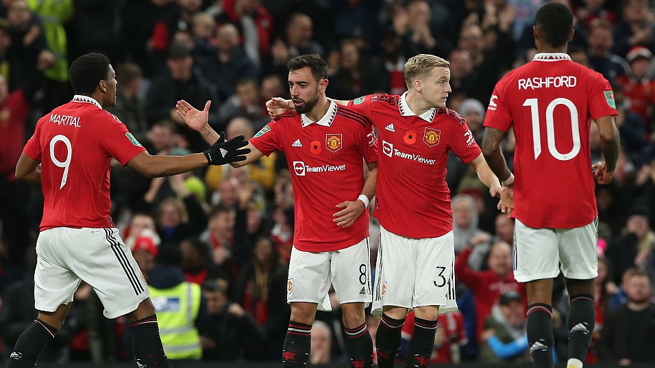 Manchester United players celebrate during their win over Aston Villa at Old Trafford in Manchester, England, November 10, 2022. /CFP