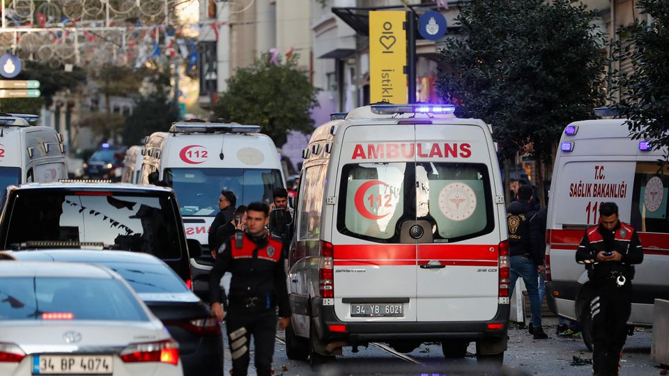 Ambulances and security is seen after an explosion on busy pedestrian Istiklal street in Istanbul, Türkiye, November 13, 2022. /Reuters