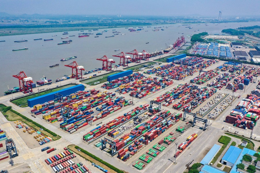 Aerial photo shows a view of the Longtan Container Terminal of Nanjing Port in Nanjing, Jiangsu Province, May 6, 2022. /Xinhua