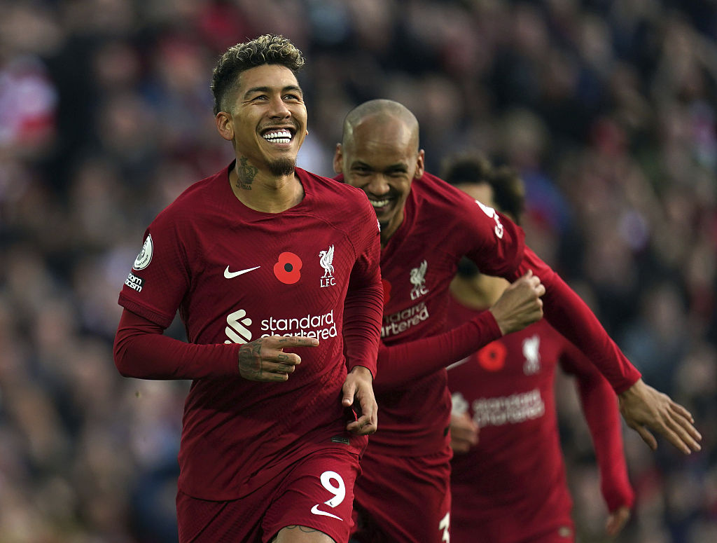 Roberto Firmino (#9) of Liverpool celebrates after scoring a goal in the Premier League game against Southampton at Anfield in Liverpool, England, November 12, 2022. /CFP
