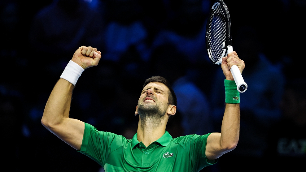 Novak Djokovic celebrates his win over Stefanos Tsitsipas during day two of the ATP Finals at Pala Alpitour in Turin, Italy, November 14, 2022. /CFP