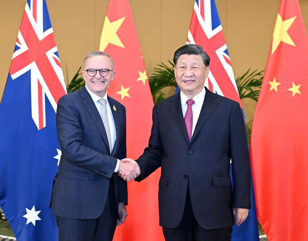 Chinese President Xi Jinping (R) meets with Australian Prime Minister Anthony Albanese in Bali, Indonesia, November 15, 2022. /Xinhua