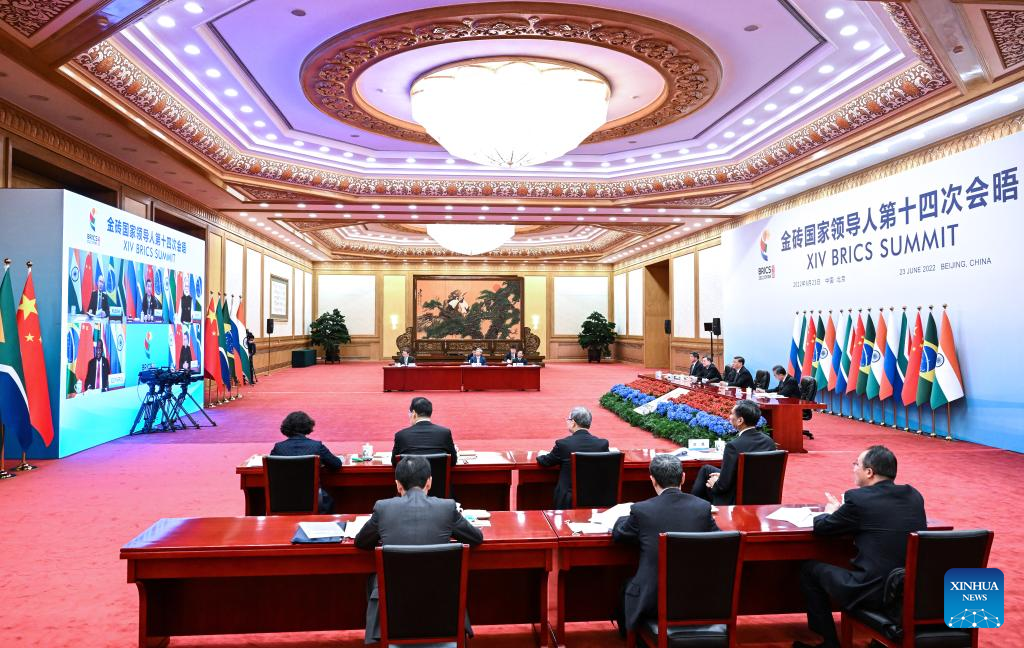 Chinese President Xi Jinping hosts the 14th BRICS Summit via video link in Beijing, capital of China, June 23, 2022. /Xinhua