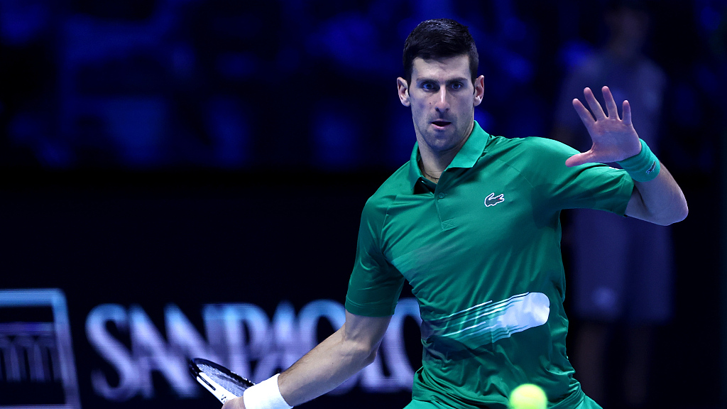 Novak Djokovic in action during a ATP Finals round-robin match in Turin, Italy, November 16, 2022. /CFP