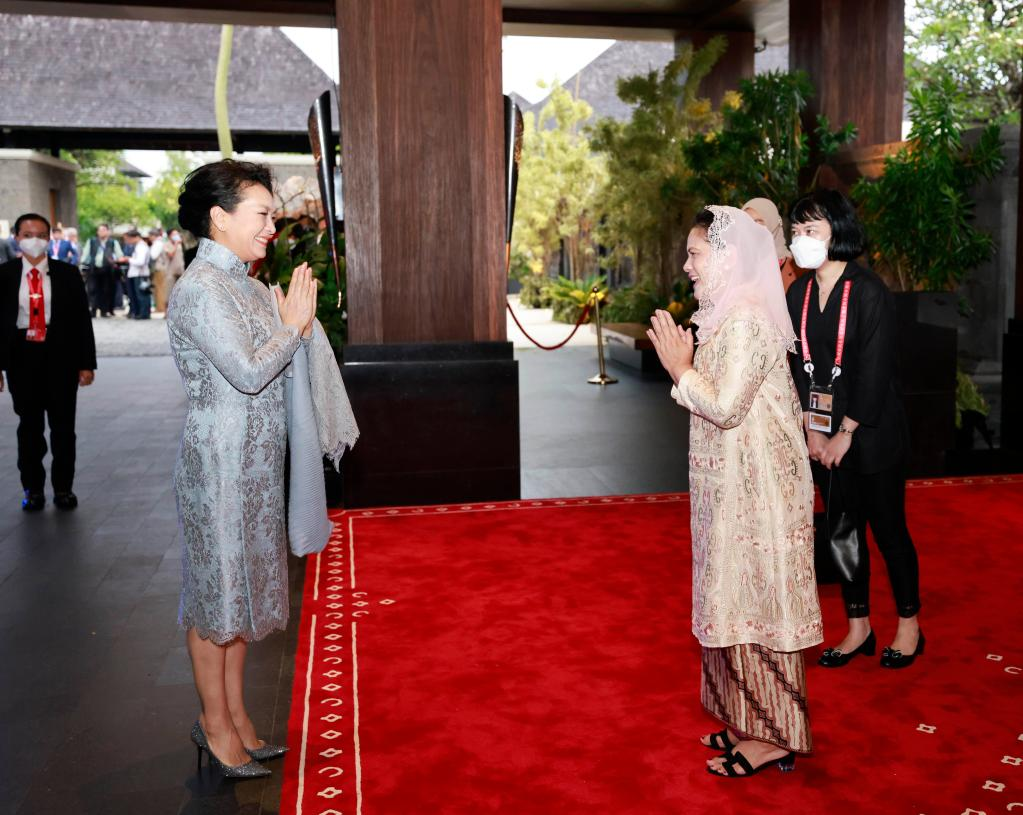 Peng Liyuan, wife of Chinese President Xi Jinping, is warmly greeted by Indonesian first lady Iriana Joko Widodo upon her arrival in Bali, Indonesia, November 16, 2022. /Xinhua