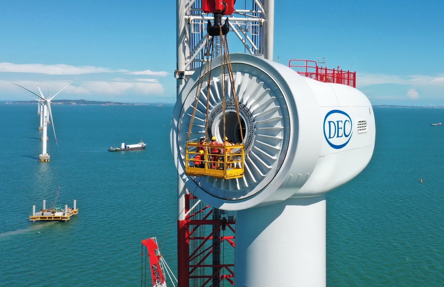 Installing an offshore wind turbine at a wind farm in Fuqing, southeast China's Fujian Province, June 12, 2020. /Xinhua