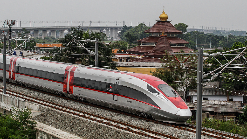 High Speed Train Jakarta-Bandung or Electric Multiple Units are seen being tested on November 16, 2022, at the Jakarta-Bandung High-Speed Railway (HSR) station Tegalluar, Bandung, Indonesia. The Jakarta-Bandung HSR is a project that not only marks the friendship between China and Indonesia but also exemplifies the positive results brought about by win-win cooperation. /CFP