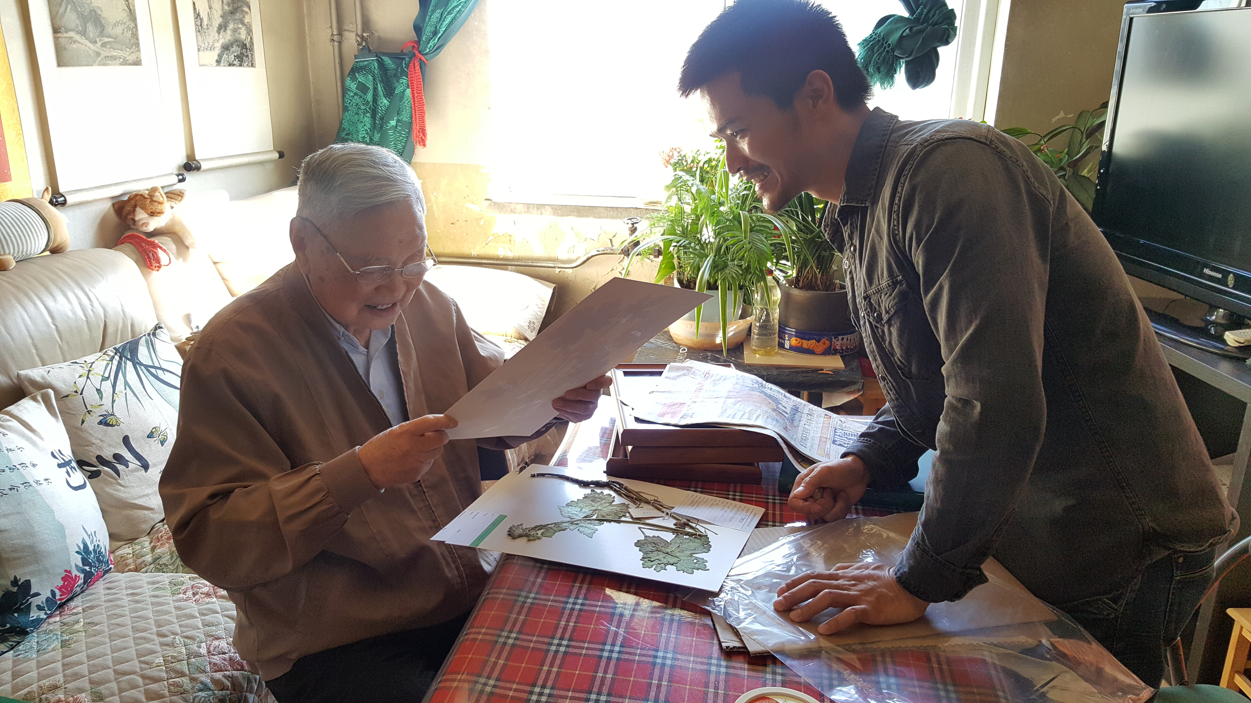 Yang Zongzong shows his plant specimens to Wang Wencai at Wang's home, Beijing, China, October 6, 2018. /courtesy of Yang Zongzong